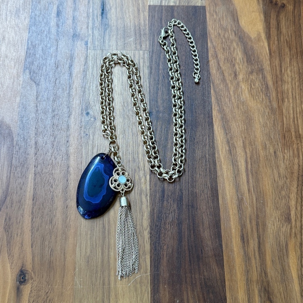 Gold Tone Deep Blue Faux Agate Long Necklace Small Flower Tassel Drop Necklace